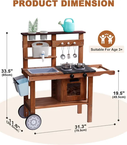 Miniatura 10 de ROBOTIME Cocina de Barro para Niños al Aire Libre con Ruedas, Divertido Juego de Cocina de Madera para Niños para Patio Trasero de Cocina