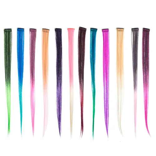 Miniatura 22 de SWACC 12 unidades de broches con extensiones reflejos para cabello de un solo color para fiestas. Mechones de cabello sintético de color., Azul Azul