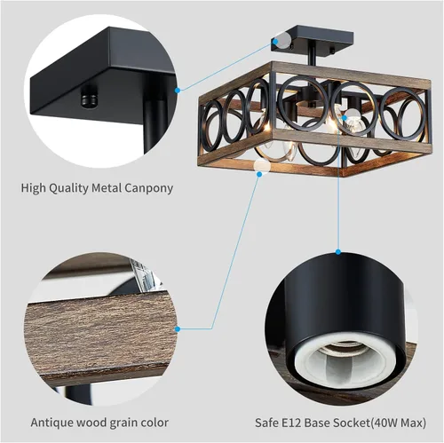 Miniatura 3 de XINGQI Moderna lámpara de techo semiempotrada de 4 luces de 13 pulgadas para sala de estar, comedor, dormitorio, grano de madera antigua+acabado