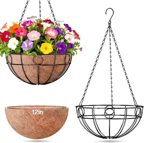 Miniatura 9 de ZeeDix Paquete de 2 cestas colgantes redondas para plantas al aire libre, cesta de alambre de metal de 12 pulgadas con forro de coco, macetas