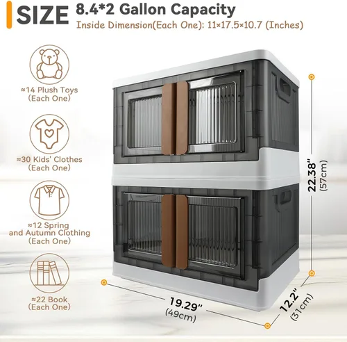 Miniatura 2 de Caja de almacenamiento, gabinete de plástico, capacidad de 8.4 galones (32L por una), 2 unidades, caja plegable con tapas, cajón plegable