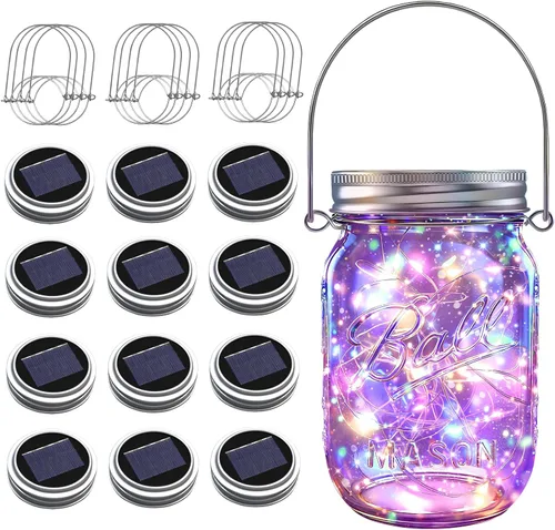 Miniatura 10 de Luces solares en tarro de masón para exteriores, paquete de 12 30 luces LED de luciérnaga, tapas solares para exteriores impermeables con ganchos