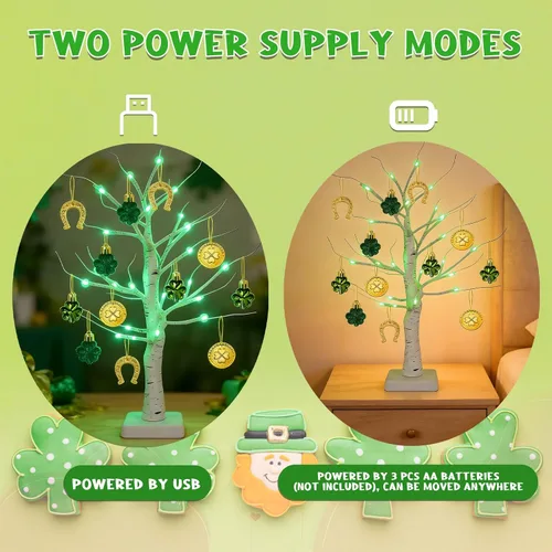 Miniatura 4 de Yquqwn Decoraciones del día de San Patricio, árbol de abedul iluminado con adornos de trébol, monedas de oro, 24 LED para el hogar, mesa, tienda