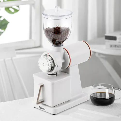 Miniatura 9 de Molinillo de café de Burr eléctrico, para uso comercial y doméstico, silencioso, pequeño, con tolva ajustable, con cepillo, cuchara, color blanco