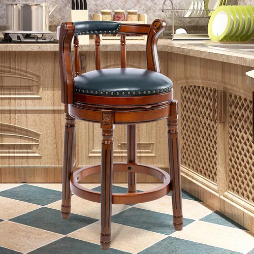 Miniatura 7 de RAINMOOD Juego de 2 taburetes de bar, taburete tapizado de cuero de grano completo, silla de bar negra con respaldo, patas de madera maciza
