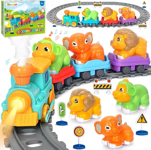 Miniatura 8 de Juego de tren eléctrico para niños pequeños, juguetes realistas de tren de vapor con luces y música para niños, juguetes de camión magnético