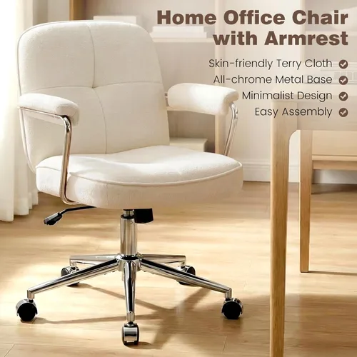 Miniatura 5 de Silla de oficina en casa con tela de felpa, sillas de escritorio modernas para computadora con respaldo medio con ruedas y reposabrazos acolchados