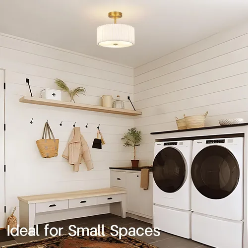 Miniatura 4 de Lámpara de techo moderna semiempotrada con pantalla de tela plisada, lámpara dorada de tambor de 12.5 pulgadas con luces, lámpara de lino blanco
