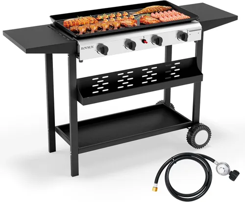 ROVSUN Parrilla de propano portátil de 4 quemadores con encendido electrónico, 40,000 BTU parrilla de gas con bandeja esmaltada antiadherente,