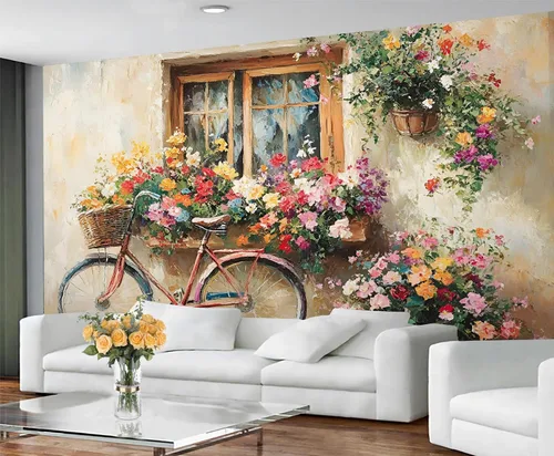 Miniatura 4 de Papel tapiz 3D de bicicleta rosa vintage, murales de flores de paisaje de primavera para sala de estar, pintura al óleo, papel tapiz rústico