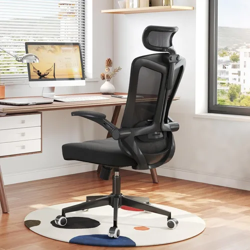 Miniatura 11 de Silla de oficina con soporte lumbar ajustable y reposabrazos abatibles, silla ergonómica de escritorio de computadora con respaldo alto con cojín