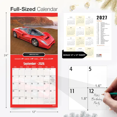 Miniatura 5 de RED EMBER Supercars 2026 - Calendario de pared de 12 meses 12 x 24 pulgadas abierto Papel grueso y resistente Regalo de vacaciones