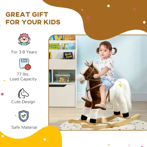 Miniatura 4 de Qaba Caballo Mecedor con Sonido, Caballo para Montar con Silla, Mecedora para Niños, Regalo para Niños de 3-8 Años, Marrón