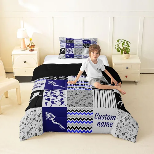 Miniatura 53 de Juego de edredón de softbol personalizado, juego de ropa de cama de retazos a cuadros para niños y niños, edredón de bate de béisbol, juego