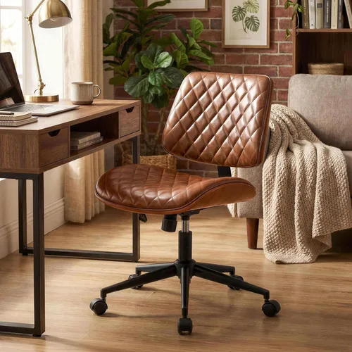 Miniatura 10 de Furnimart Silla de oficina de madera resistente giratoria de 360°, silla de escritorio pequeña de piel sintética con asiento acolchado grueso