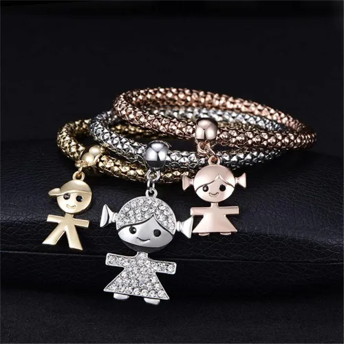 Miniatura 2 de Pulseras multicapa con dijes de cristal, 3 unidades, oro y plata, oro rosa, pulsera elástica en forma de corazón para mujer, árbol de la vida