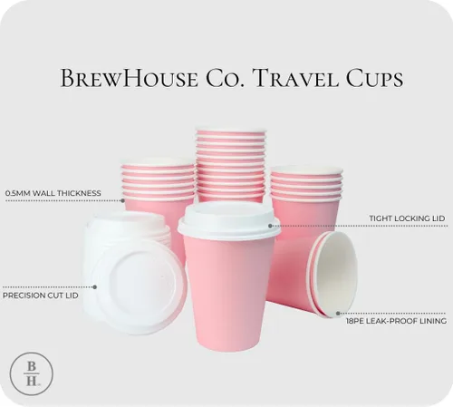 Miniatura 4 de BrewHouse - Tazas de café desechables con tapas, de 12 onzas, tazas de café de papel de lujo con tapas, 25 unidades, color rosa