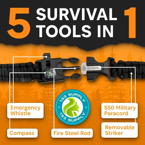 Miniatura 3 de Paracord Pulsera con Brújula Senderismo Supervivencia Emergencia Silbato Encendedor Kit Equipo de Camping Esenciales de Senderismo Pesca Caza