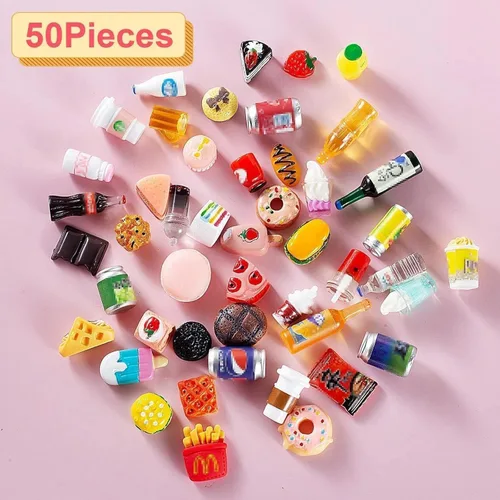Miniatura 4 de 50 piezas de botellas en miniatura de comida y bebida, latas de refresco, accesorios de juego de cocina de simulación, juguetes de Hamburgo, pastel