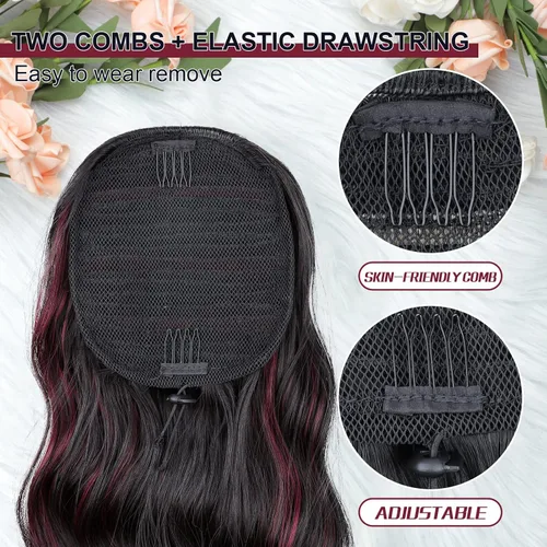 Miniatura 3 de FREEMEIGE Extensiones de cola de caballo largas onduladas con cordón para mujeres, extensiones de cabello con clip para cola de caballo, mezcla