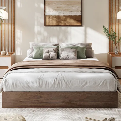 Miniatura 2 de GarveeHome - Marco de cama de plataforma de madera tamaño matrimonial, marco de cama de madera sin cabecero, soporte de listones de madera,