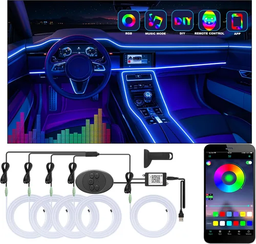 Miniatura 9 de Tira de luces LED para coche, luces interiores del coche, kit de iluminación LED ambiental con RGB de 16 millones de colores de fibra óptica y ritmo