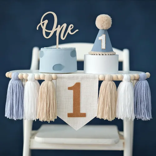 DCJHFJ Decoraciones de primer cumpleaños para niño, pancarta azul para silla alta con sombrero de primer cumpleaños y una decoración de pastel para