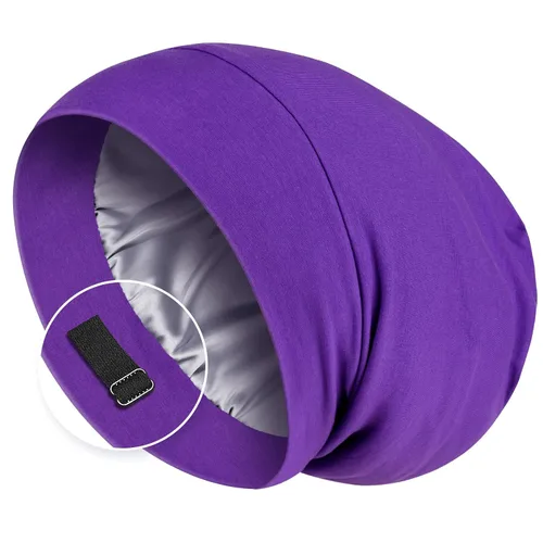 Miniatura 13 de Zenssia Gorro de pelo con forro de satén para dormir, gorro de dormir para mujeres y hombres con correa ajustable, envoltura para el cabello que