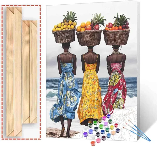 Miniatura 30 de Pintura de niña afro a la moda, kits de pintura por números, 16 x 20 pulgadas, lienzo de hojas tropicales, pintura al óleo para niños y adultos