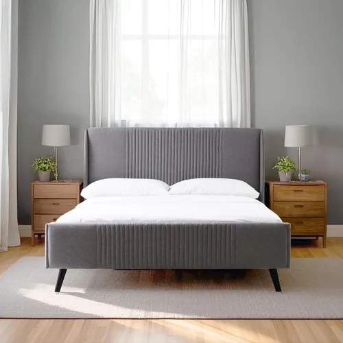 Miniatura 3 de Livinia Sunset - Cama de plataforma con respaldo de alas, base de cama tapizada de tela con cabecera de canal vertical, listones de madera fuertes
