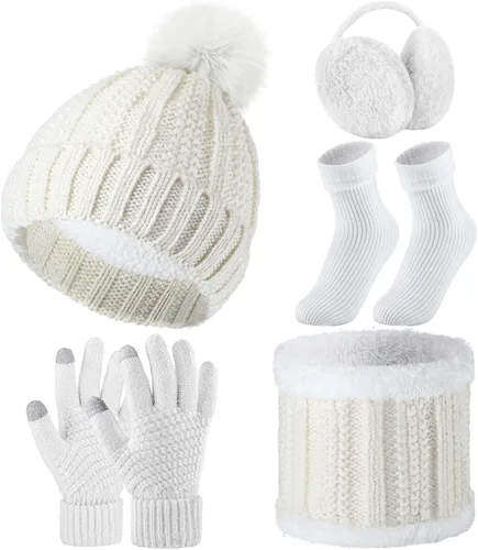 SATINIOR Juego de 5 piezas de gorro de invierno y bufanda, guantes de forro polar cálido, gorro de punto, gorro de punto para pantalla táctil,