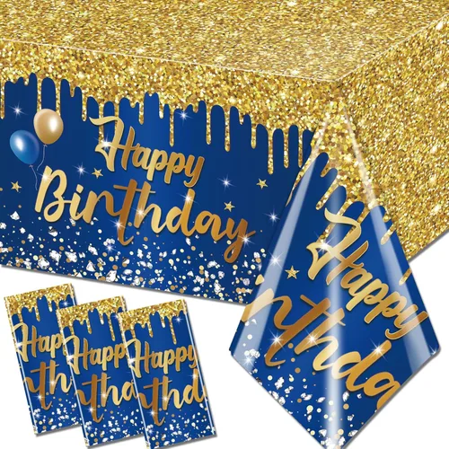 Miniatura 6 de Paquete de 3 Manteles de Feliz Cumpleaños Manteles Negros y Dorados Cubierta de Mesa de Plástico Mantel Rectangular de Cumpleaños para Mujeres