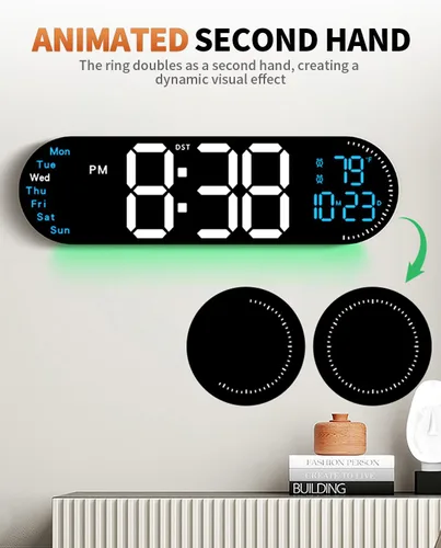 Miniatura 5 de Reloj de pared digital grande de 17.2 pulgadas con control remoto de 9 colores cambiantes, fecha, semana, temperatura, atenuación de brillo