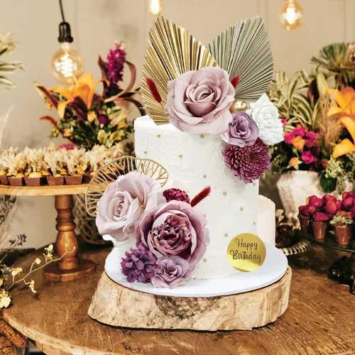 Miniatura 3 de 29 piezas de decoración de pastel de estilo bohemio con hojas de palma, flores rojas burdeos y bolas para pastel, suministros para bodas, baby Rojo