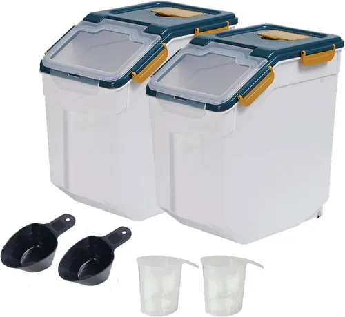 Contenedor grande de almacenamiento de harina de 25 libras, 2 paquetes de contenedores herméticos de almacenamiento de arroz con ruedas, tapa de