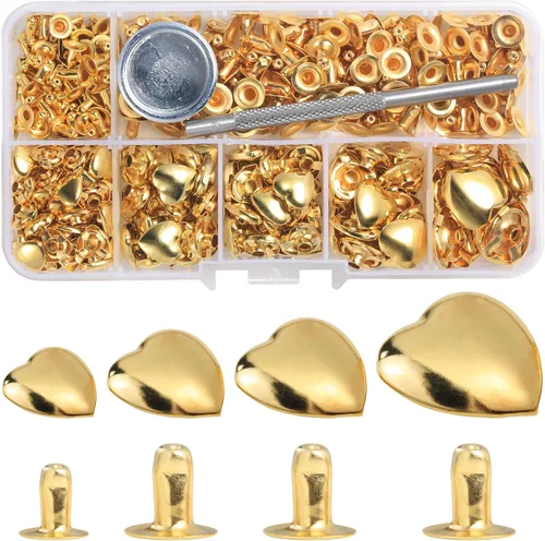 YORANYO 150 juegos de remaches de cuero, remaches de varios tamaños para cuero, tachuelas de corazón para ropa, remaches de tela de color dorado con