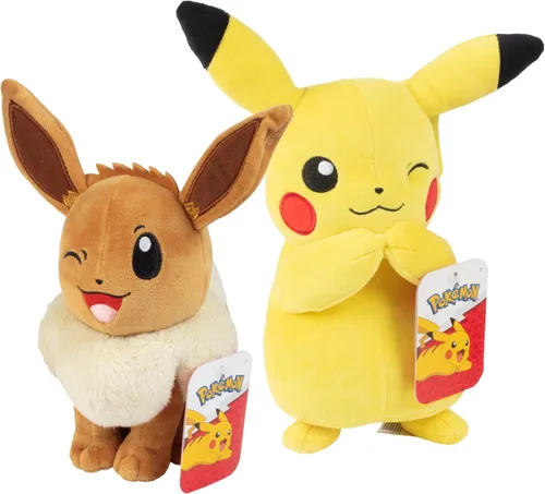 Pokemon - Peluche de Eevee y Pikachu de 8 pulgadas, paquete de 2 – Let's Go Starters – Producto oficial – Auténticas figuras de juguete de peluche