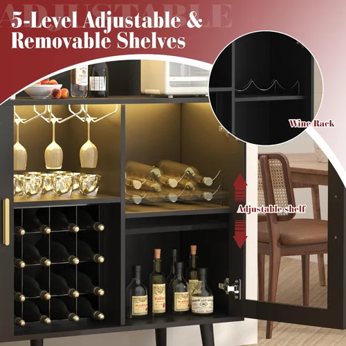 Miniatura 4 de MAGIC UNION Gabinete de bar de vinos con luz LED, barra de café para licor, gabinete de alcohol con estante de vidrio y estantes de vino extraíbles