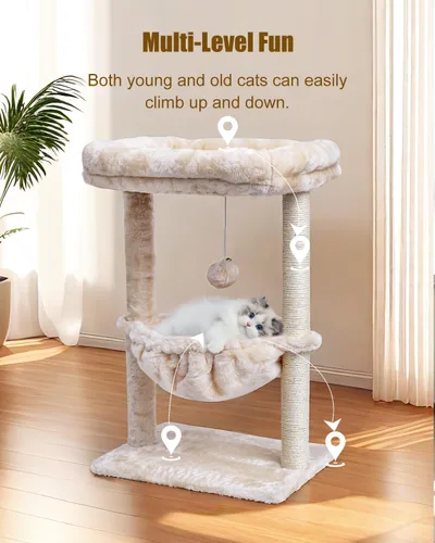 Miniatura 2 de SYANDLVY Árbol pequeño para gatos de interior, torre de actividad para gatos con poste rascador para gatitos, muebles para gatos con cesta y bola