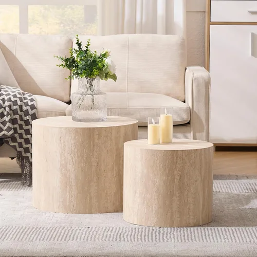 Miniatura 8 de Ya-Home Juego de 2 mesas auxiliares redondas, mesa auxiliar anidable de madera para sala de estar, balcón, oficina, color natural Burl, sin montaje