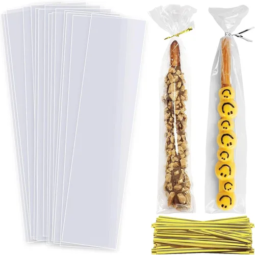 Bolsas transparentes para barra de pretzel, 200 bolsas de caramelos, 2 x 10 pulgadas, celofán, regalo de fiesta, regalo, chelo de manzana con lazos