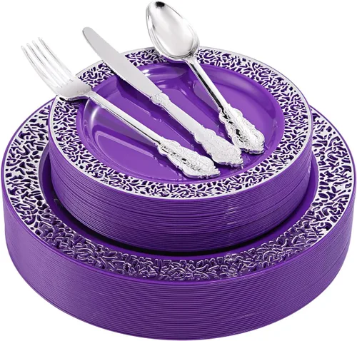 U-QE 150 platos de plástico plateado morado con cubiertos plateados, suministros de fiesta plateados para 30 invitados incluyen 30 platos de 10.25