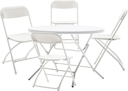 Miniatura 13 de BTEXPERT Juego de 5 piezas de mesas de cartas plegables y sillas portátiles, mesa de 34" cuadrada de plástico blanco granito, 4 sillas rojas