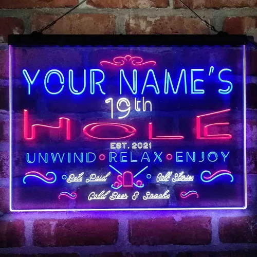 Miniatura 12 de Personalized 19th Hole Golf Club Tri-Color LED Neon Light Sign Customize Name Date Text Quote Font Green & Red & Yellow 13 x 8.7 Inches