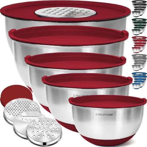 Miniatura 11 de Priority Chef Juego de tazones para mezclar de acero inoxidable con tapas, 3 accesorios para rallar, tapas herméticas, base de silicona