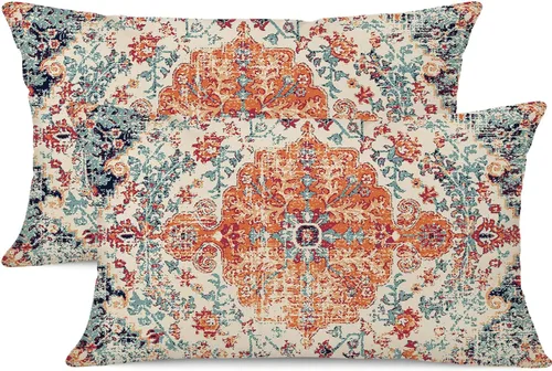 Miniatura 20 de Juego de 2 fundas de almohada impermeables para exteriores de 16 x 16 pulgadas, patrón de alfombra bohemio vintage, diseño étnico negro y gris