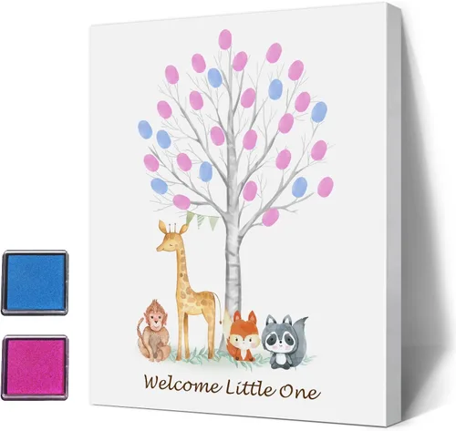 Árbol de huellas dactilares para revelación de género del bebé con animales de safari, juego de adivinación de género para niños y niñas, ideas para