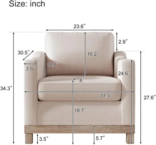 Miniatura 2 de Sillón moderno de lino/silla de acento/sofá individual con base de madera de goma para sala de estar, dormitorio, apartamento, oficina, color beige