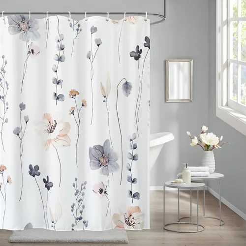 Miniatura 7 de Juego de cortinas de ducha – Cortina de baño floral con flores azules y beige, cortina de ducha para baño, juego de cortina de ducha de tela