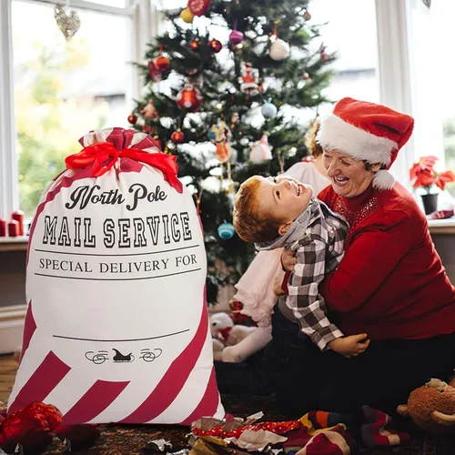 Miniatura 4 de XinblueCo Santa Sack - Paquete de 2 bolsas de lona de Navidad a rayas con cordón, bolsa de regalo personalizada de Navidad, tamaño extra grande